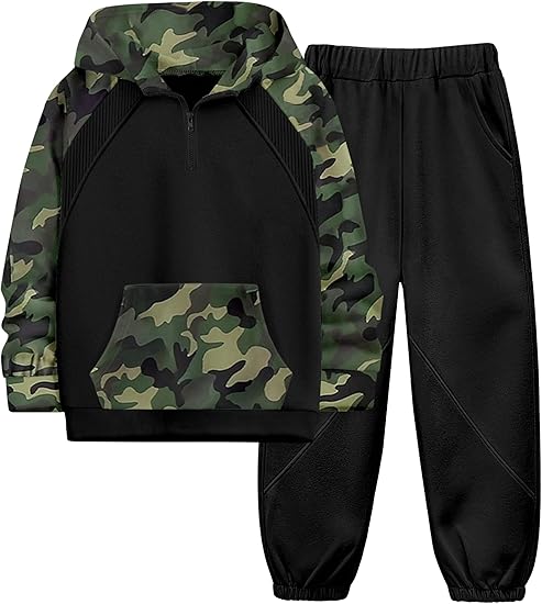 Two-piece hooded sweater with camouflage pants for boys 6–16.